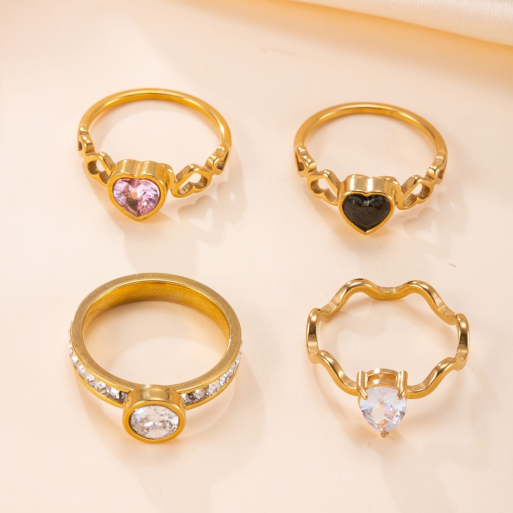 4pc Fashionable 18K Plated Zirconia-Encrusted Ring Set